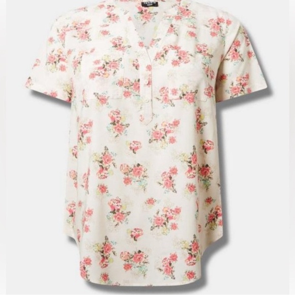 Torrid Cream and Pink Boxy Blouse with Mandarin Collar - Picture 1 of 4